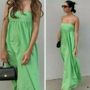 ZARA GREEN Poplin STRIPED MIDI DRESS Medium